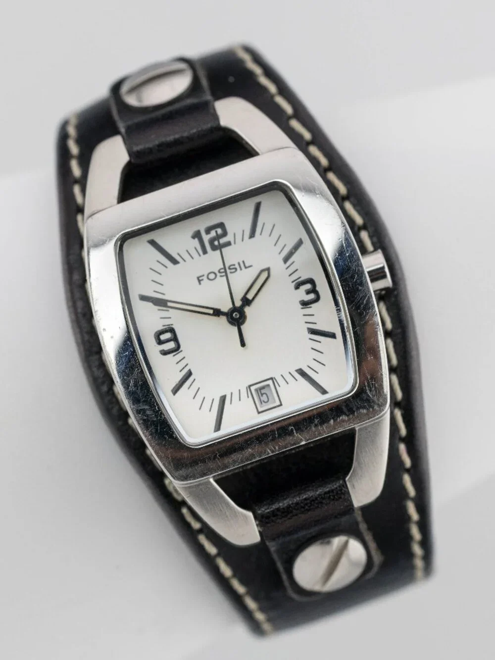 Fossil Black Leather Studded Cuff Quartz Analog Women's Watch New Battery